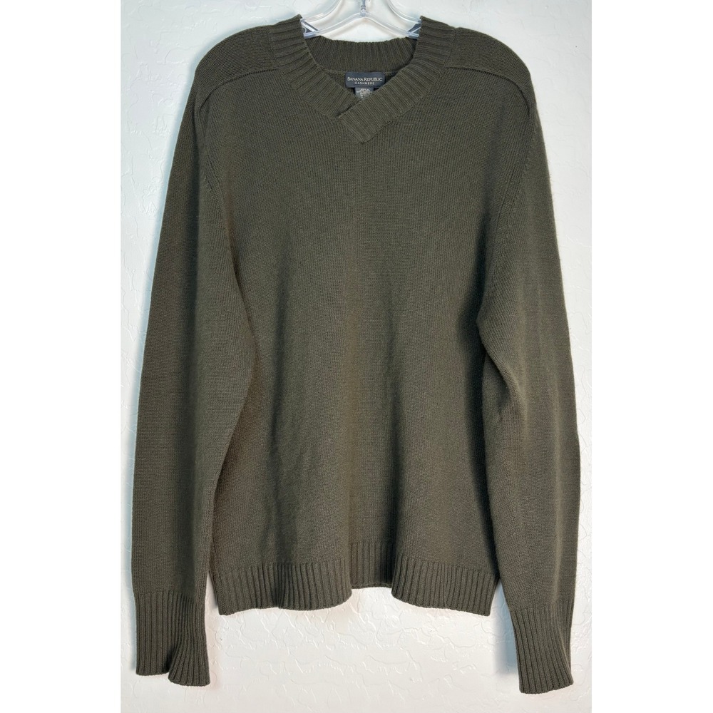 Banana Republic Mens Cashmere Sweater Olive Green Notched Crew Neck Large 2173